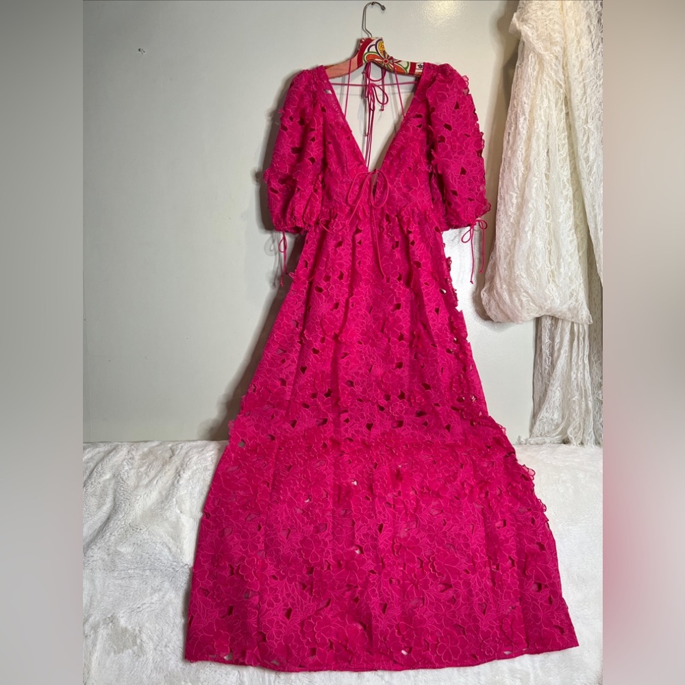 For Love & Lemons Leighton Serena 3d Floral  Textured Cute Ties Maxi Dress - Picture 4 of 9